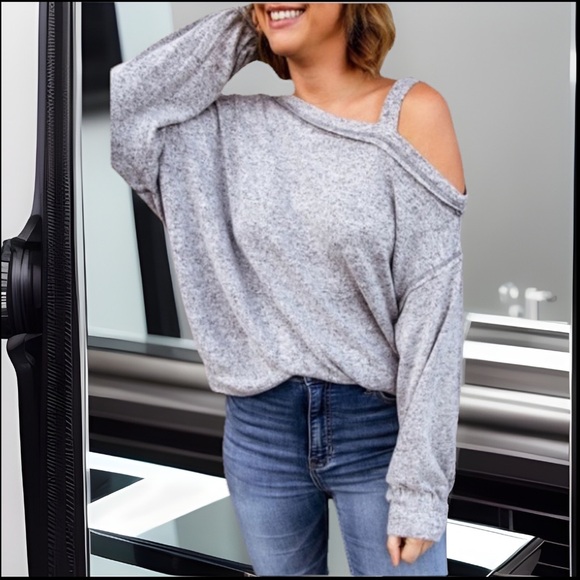 Soft Pullover Loose Dew Shoulder W/Strap Long Sleeve Warm Soft Fabric Shirt - Picture 3 of 7